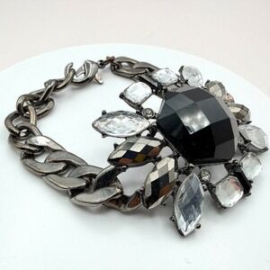 Vintage 90s‎ Statement Bracelet Gunmetal Curb Chain Black Clear Glass Jewelry